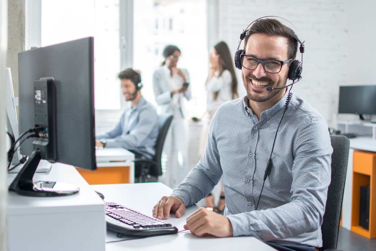 Customer support phone operator in headset 